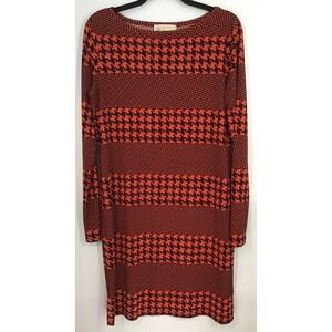 Michael Kors Red Black Geometric Houndstooth Shift Dress Boat Neck Long Sleeve M